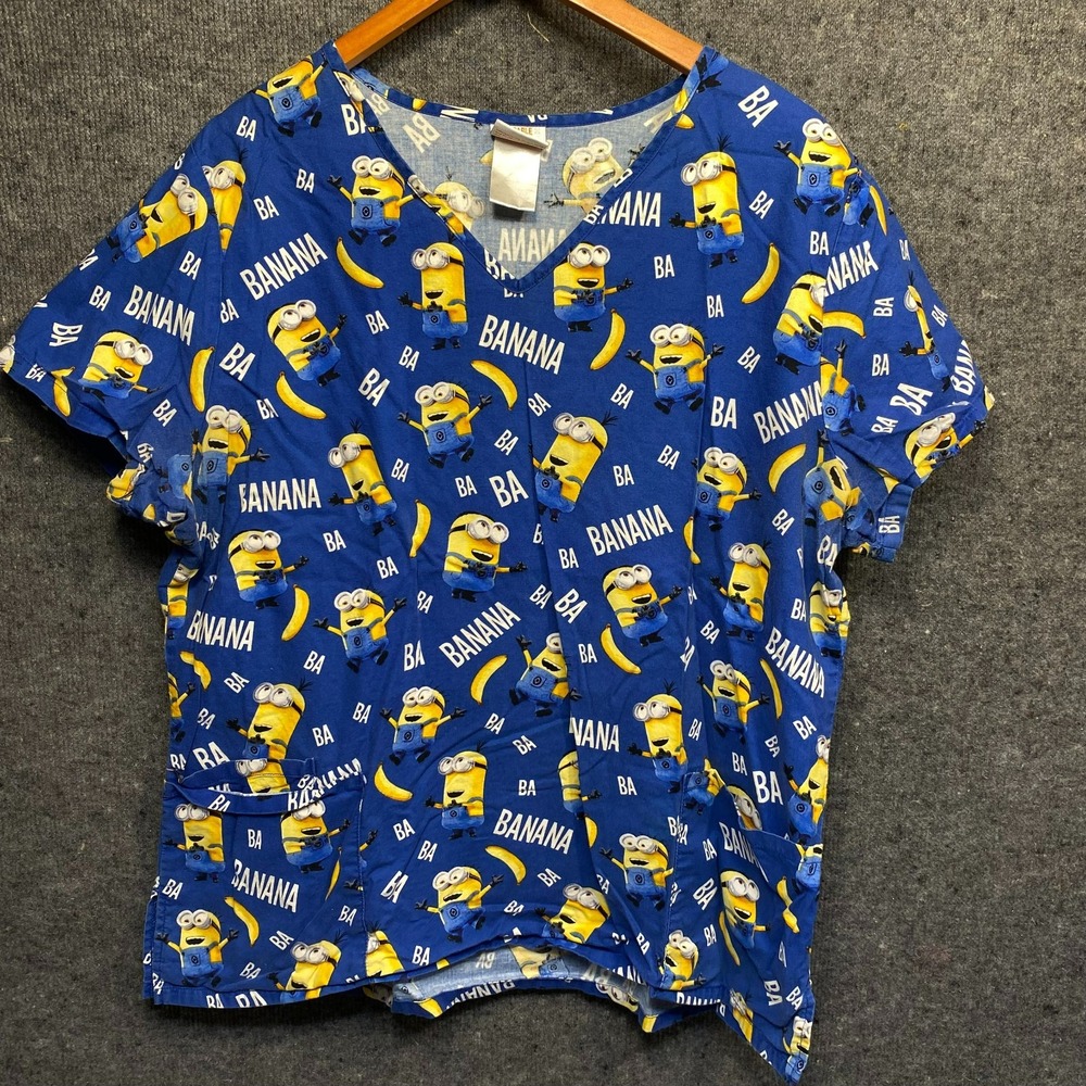 Despicable Me XL Blue Minions Banana Short Sleeve V-Neck Scrubs Top XL